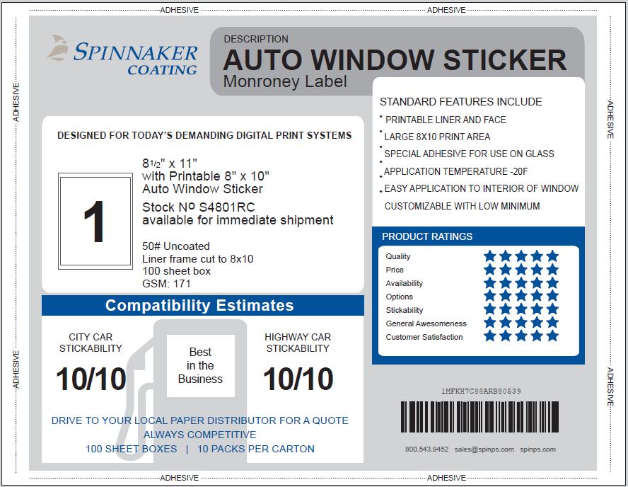 Auto Window Sticker Monroney 8.5